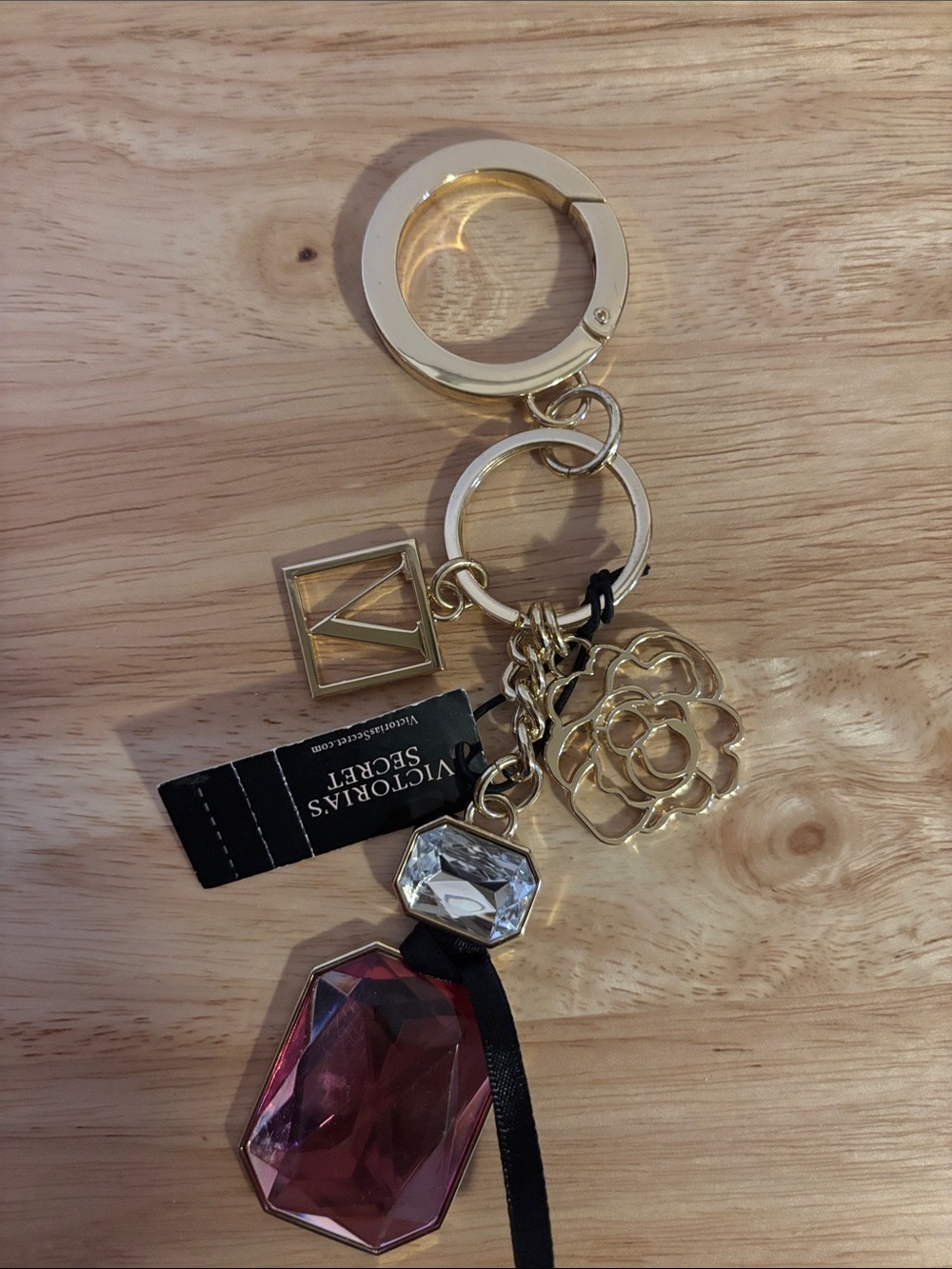Victoria's Secret Gold-Tone Keychain with Pink Gem and Flower Charm NWT